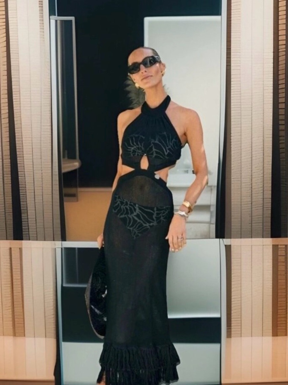 ANTONIO MELANI Black Crochet Knit Halter Cutout Maxi Dress Cover•Up
